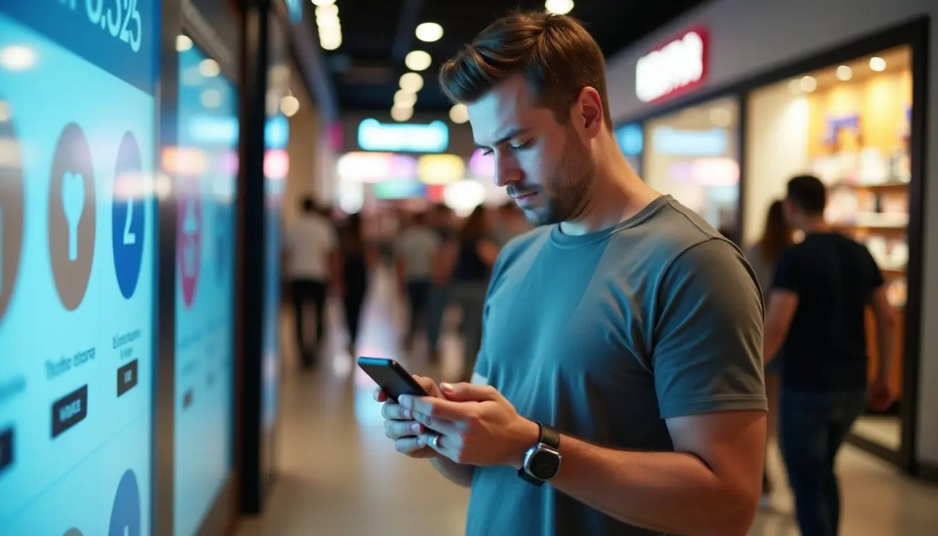 A man in a mall checking his phone near store displays. A man in a mall checking his phone near store displays.