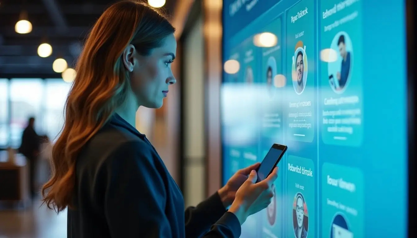 A woman exploring digital signage display in a tech store.