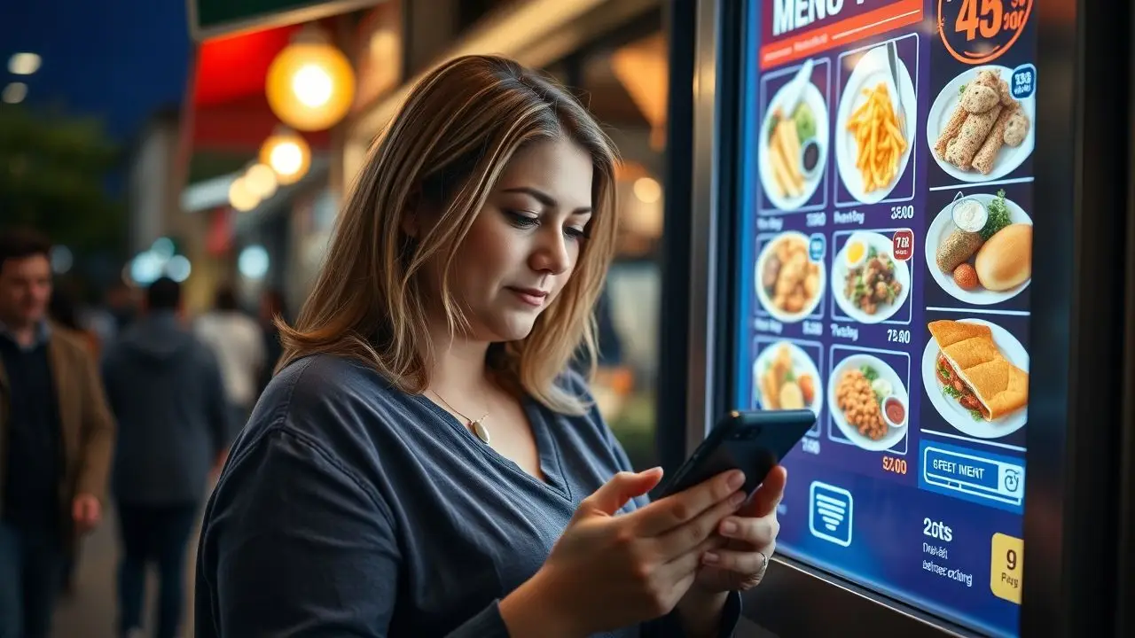 A woman scans a QR code on a digital menu board. A woman scans a QR code on a digital menu board.
