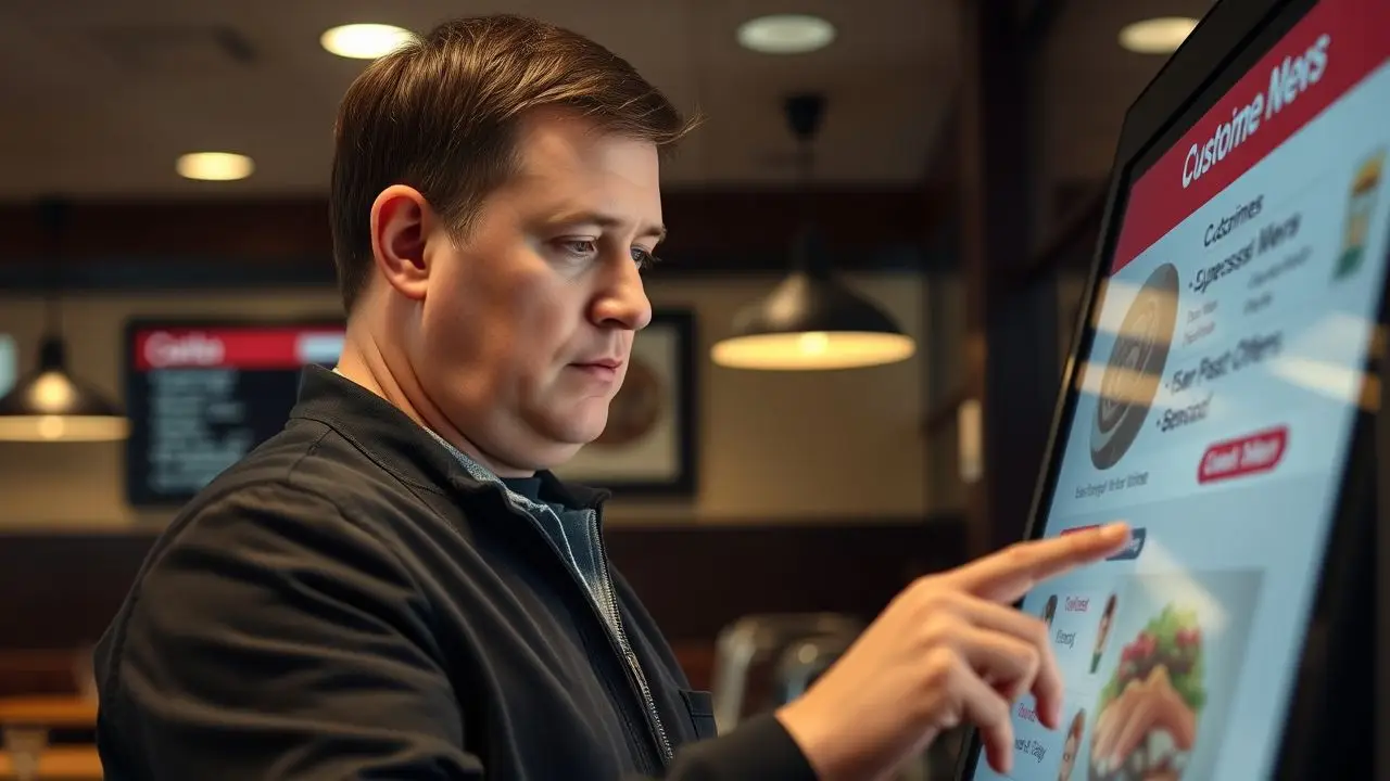 A man customizing his meal on a touch screen interactive menu. A man customizing his meal on a touch screen interactive menu.