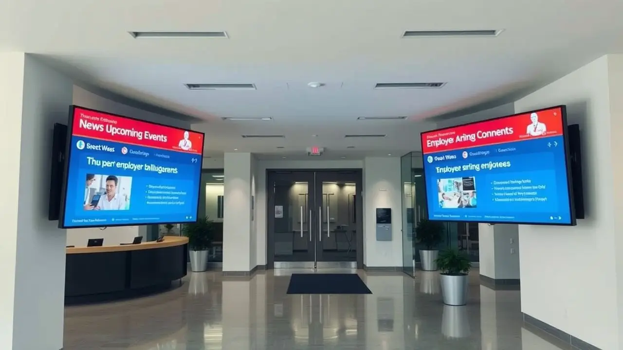 A modern office lobby with digital signs promoting company culture.