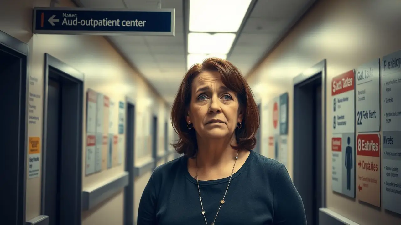 A confused woman navigates a dim hospital corridor looking for directions. A confused woman navigates a dim hospital corridor looking for directions.