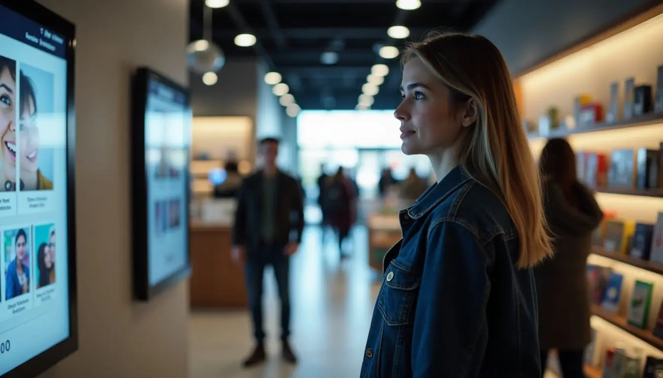 A woman comparing digital signage solutions in a busy retail store. A woman comparing digital signage solutions in a busy retail store.