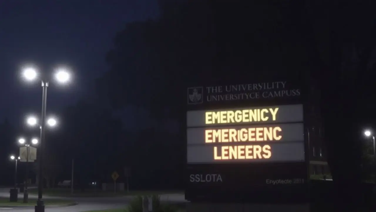 A digital emergency alert sign at a university campus at night. A digital emergency alert sign at a university campus at night.