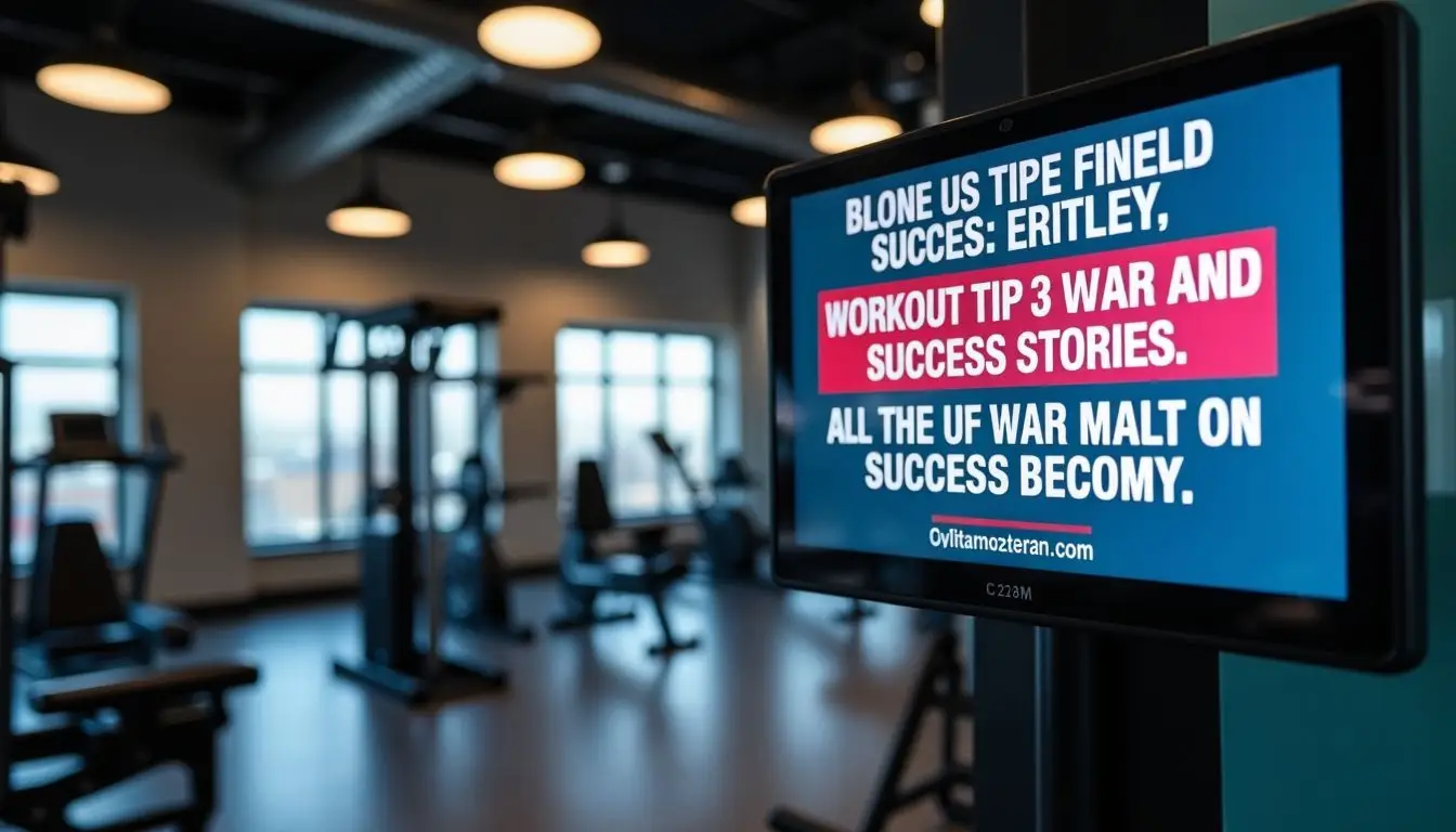 A digital sign in a modern gym displaying workout tips and quotes.