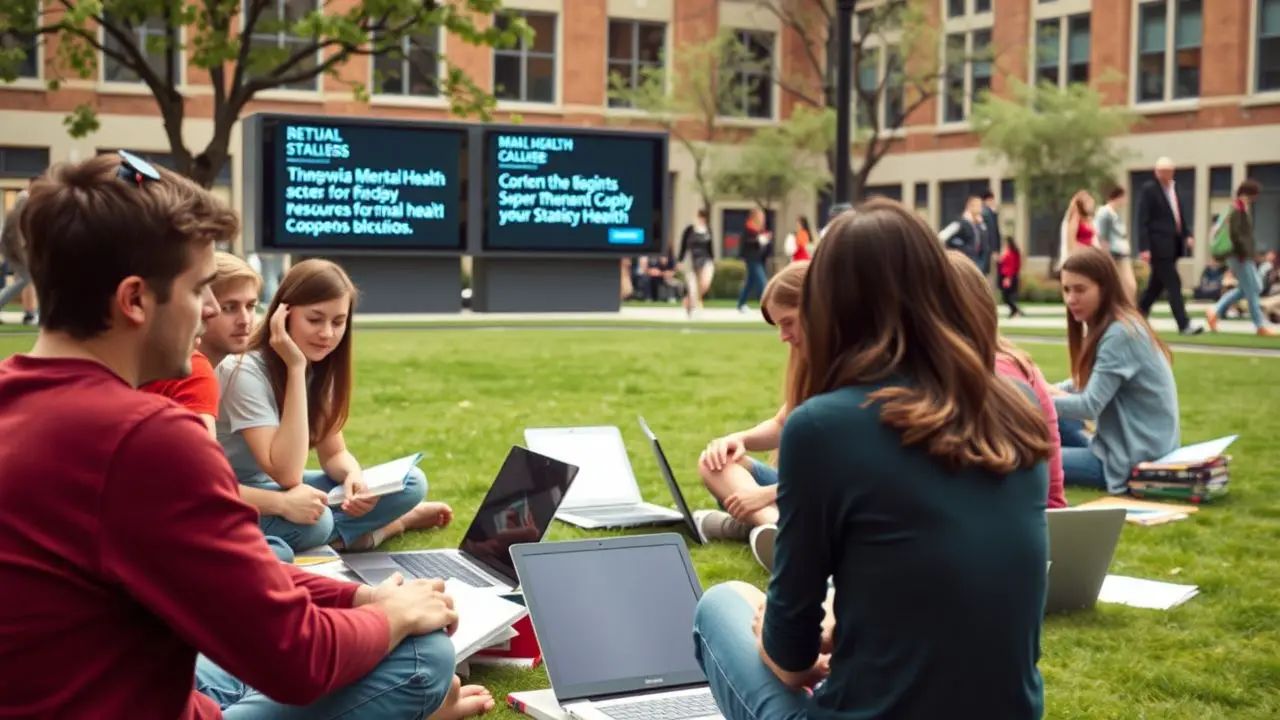 Stressed college students in campus quad seek mental health resources. Stressed college students in campus quad seek mental health resources.