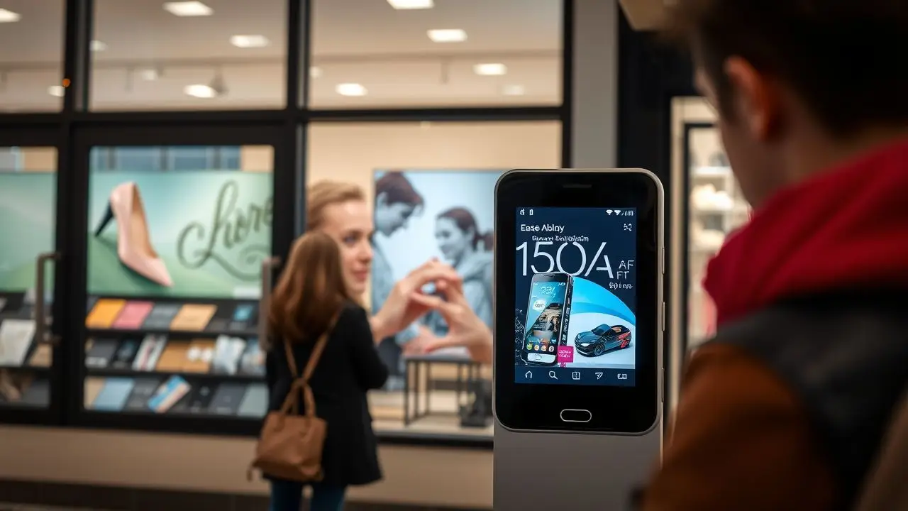 A digital signage screen near a store entrance displays attractive content.