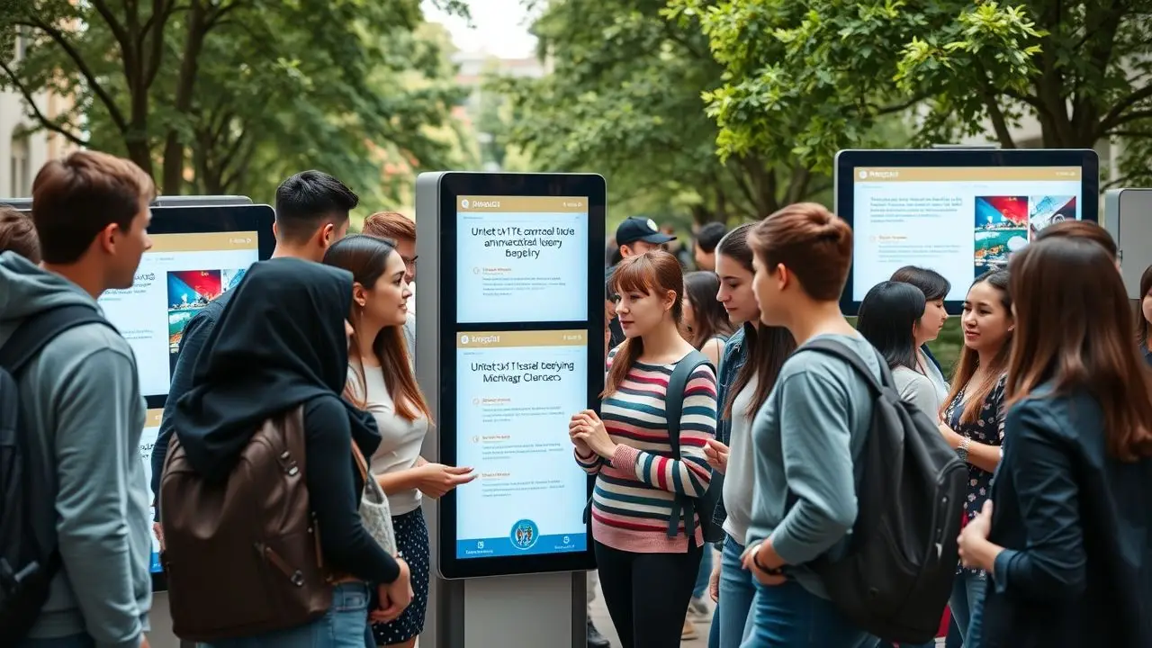 Students and faculty interact around digital screens on university campus. Students and faculty interact around digital screens on university campus.