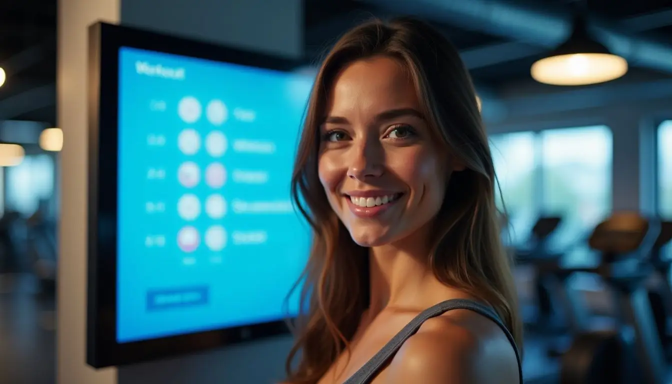 A woman standing in front of a digital fitness class schedule. A woman standing in front of a digital fitness class schedule.