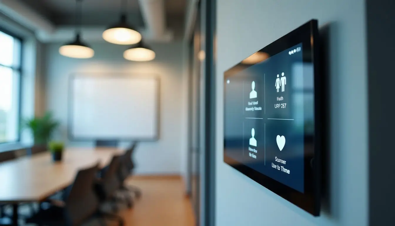 A modern conference room with real-time meeting availability digital sign. A modern conference room with real-time meeting availability digital sign.