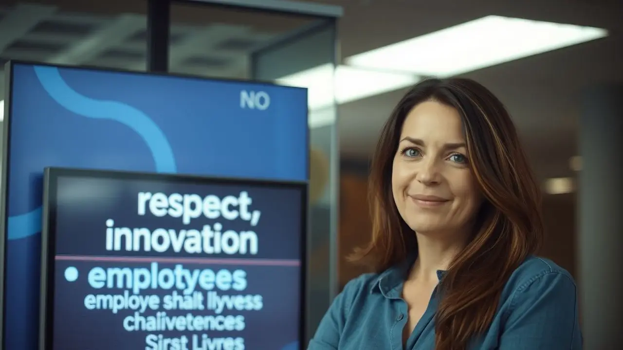 A woman standing in an office with a digital sign behind her.