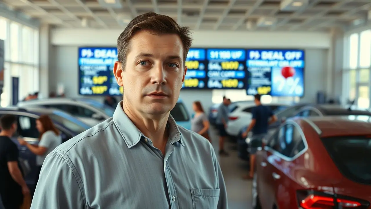 A busy car dealership showroom with customers browsing vehicles and digital display screen showing deals. A busy car dealership showroom with customers browsing vehicles and digital display screen showing deals.