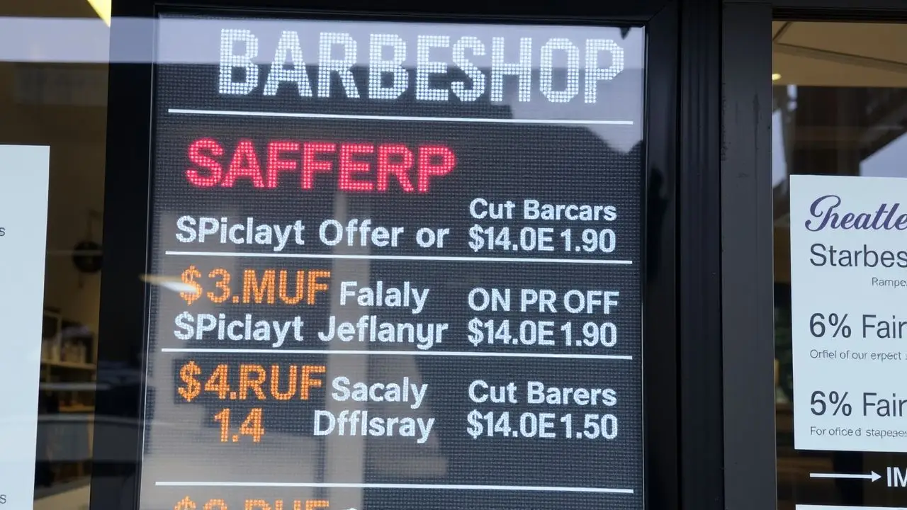 A digital sign in a barbershop displaying special offers and discounts. A digital sign in a barbershop displaying special offers and discounts.