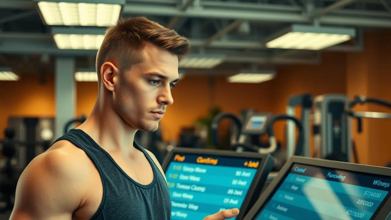 A fitness trainer updating gym class schedule on digital screen. A fitness trainer updating gym class schedule on digital screen.