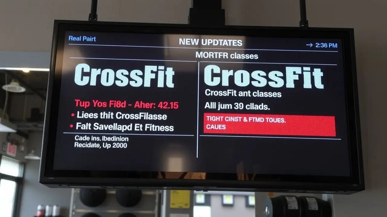 A digital signage board shows real-time CrossFit class information at a gym. A digital signage board shows real-time CrossFit class information at a gym.