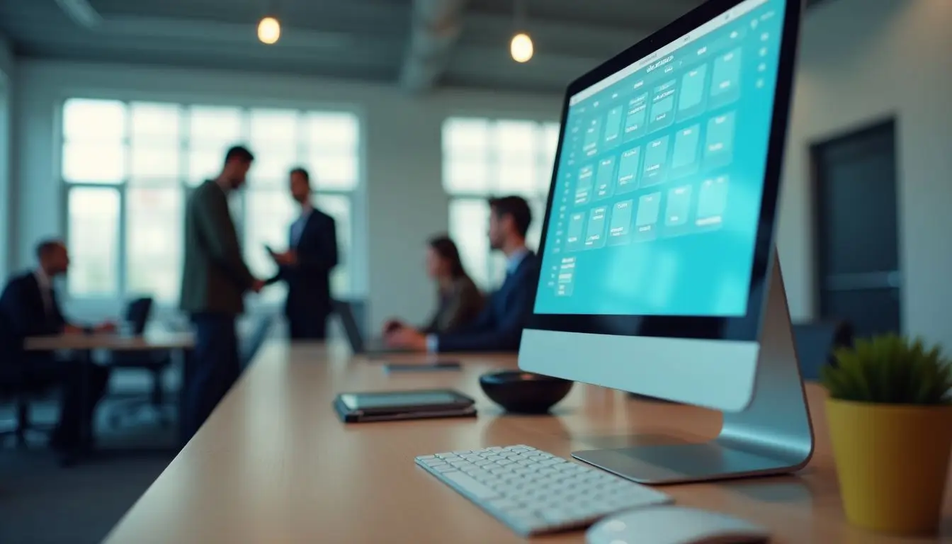 A modern office with sleek digital display and organized workspace. A modern office with sleek digital display and organized workspace.