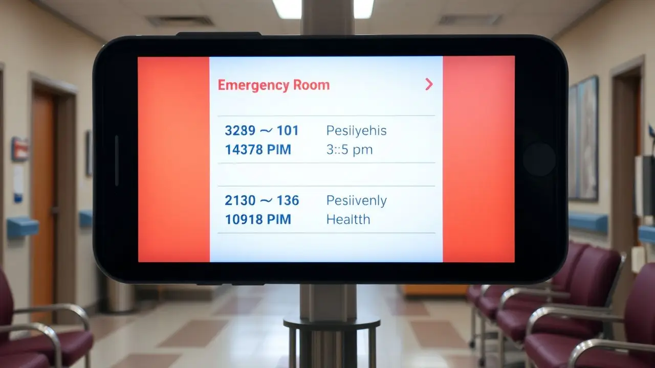 A digital signage screen in a hospital waiting area displays real-time updates on wait times and health messages.