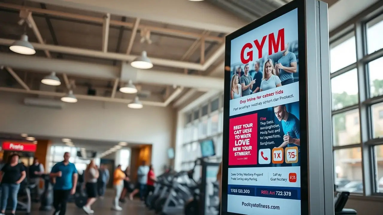 A gym lobby with a digital sign promoting gym offerings.