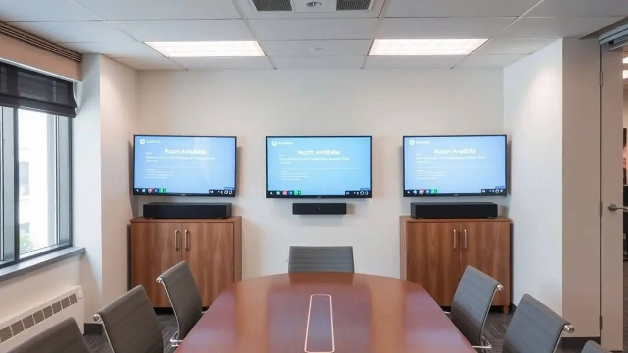 A modern office space with digital display screens managed by Rise Vision software. A modern office space with digital display screens managed by Rise Vision software.