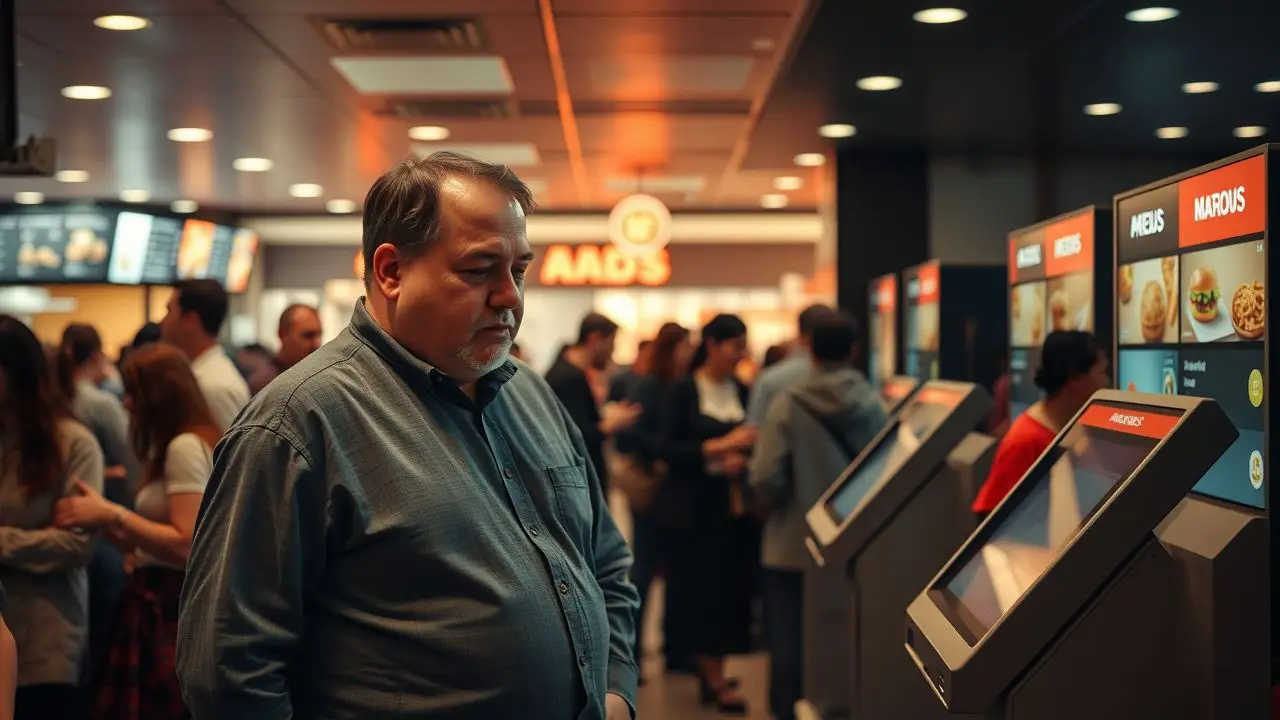 Busy fast-food restaurant with self-service kiosks and diverse customers. Busy fast-food restaurant with self-service kiosks and diverse customers.