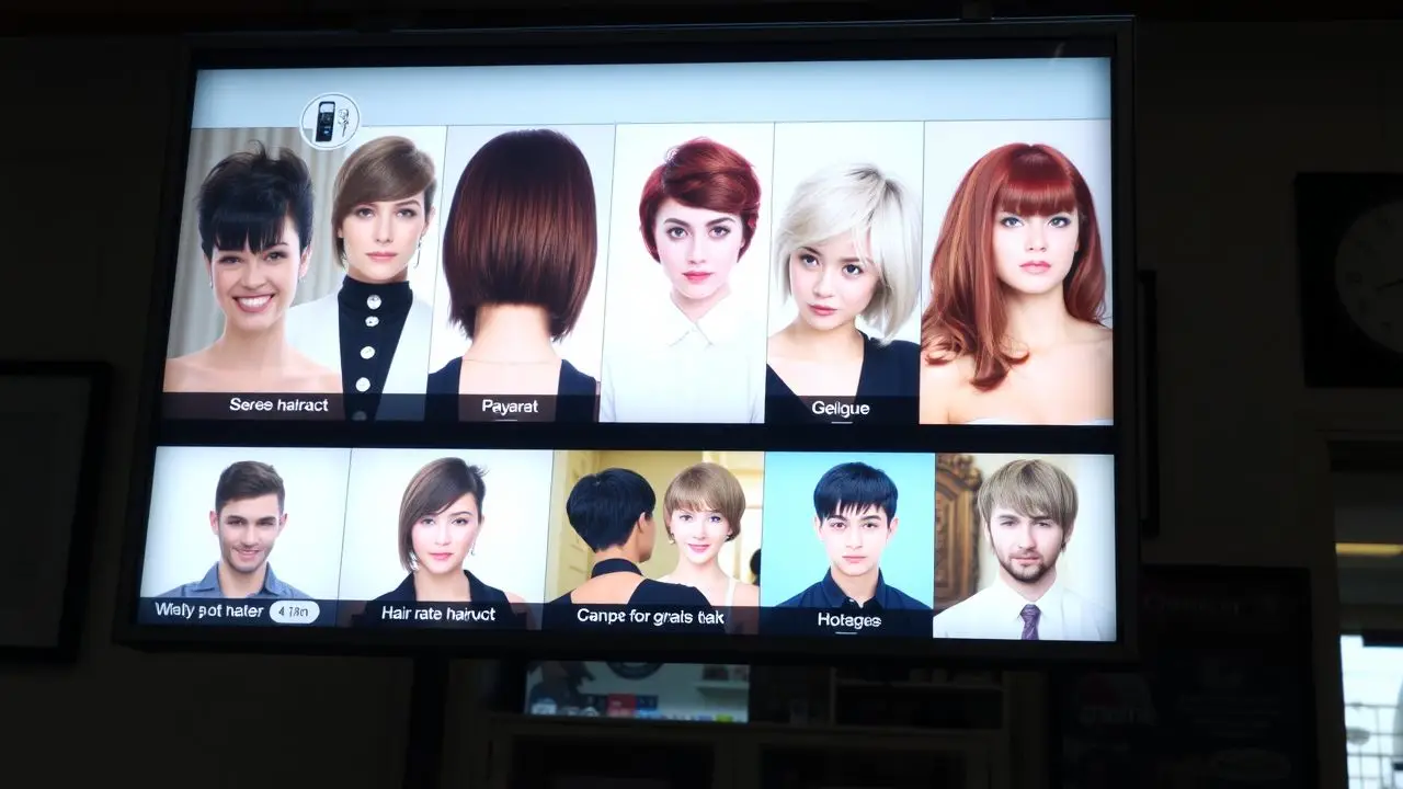 A digital sign in a barber shop displaying popular haircuts. A digital sign in a barber shop displaying popular haircuts.