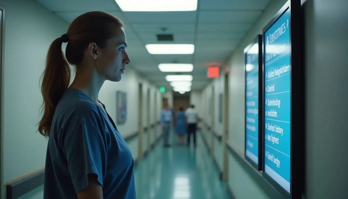 A hospital administrator adjusts a digital sign for better visibility. A hospital administrator adjusts a digital sign for better visibility.