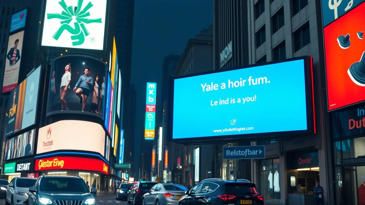 An outdoor electronic billboard illuminates a bold message in a busy city street.