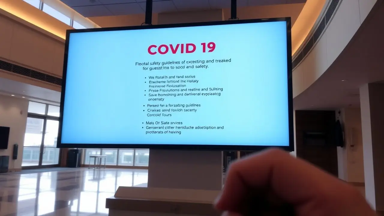 A hotel lobby with a large digital screen displaying COVID-19 safety guidelines. A hotel lobby with a large digital screen displaying COVID-19 safety guidelines.