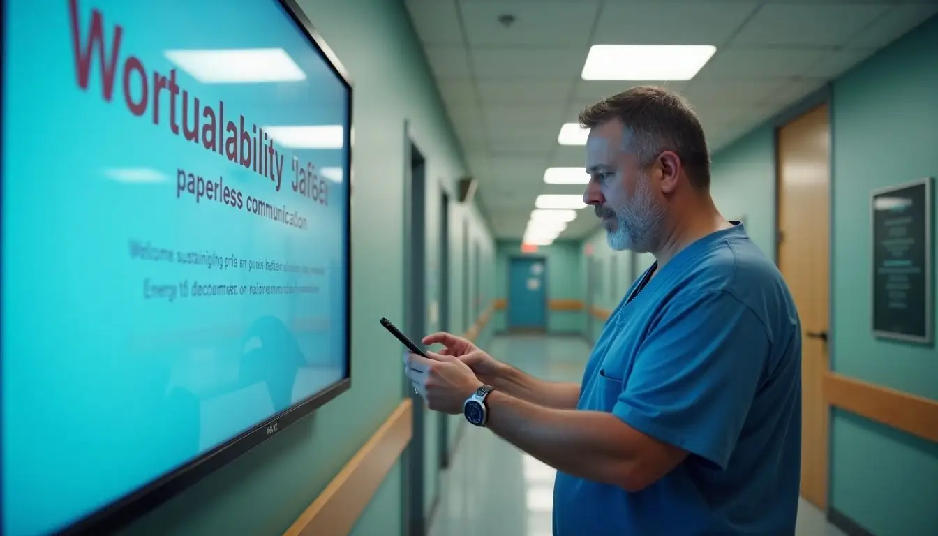 A healthcare administrator updates digital signage in a modern hospital environment.