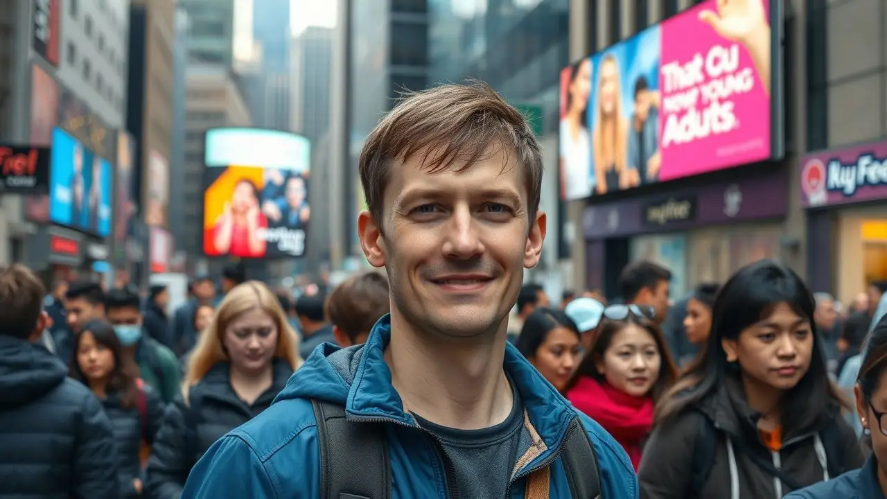A bustling city street with a large digital display and diverse people.