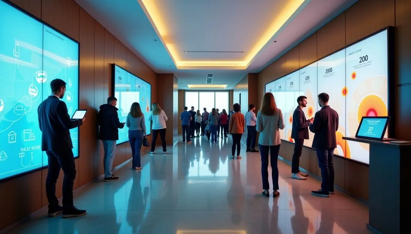 A modern hotel lobby in 2025 with advanced digital signage. A modern hotel lobby in 2025 with advanced digital signage.