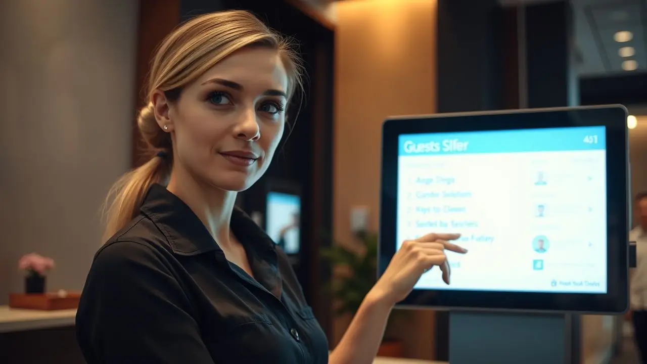 A hotel staff updating digital signage for guests in lobby. A hotel staff updating digital signage for guests in lobby.