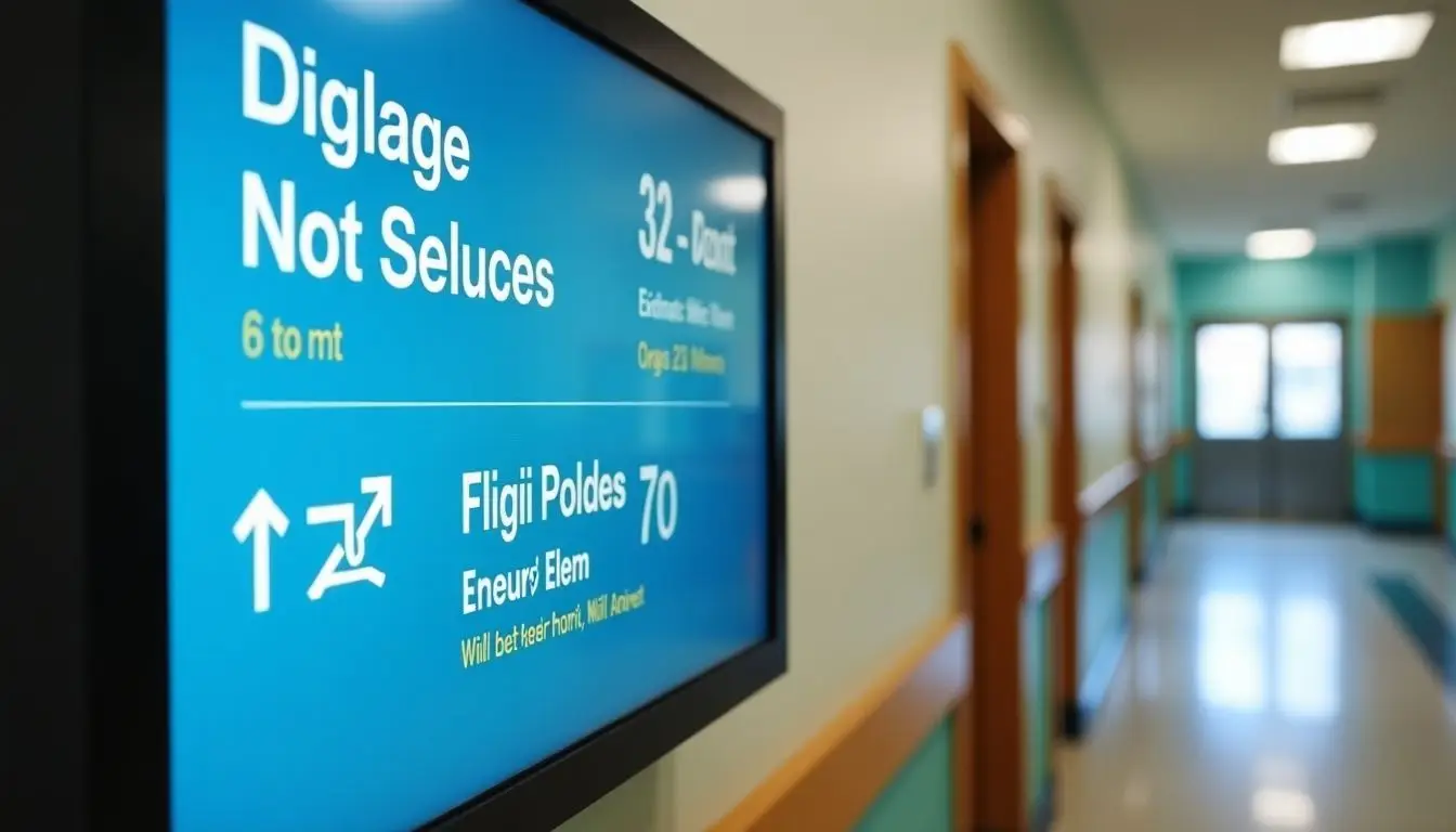 A digital signage board provides clear directions and real-time updates in a medical facility hallway. A digital signage board provides clear directions and real-time updates in a medical facility hallway.