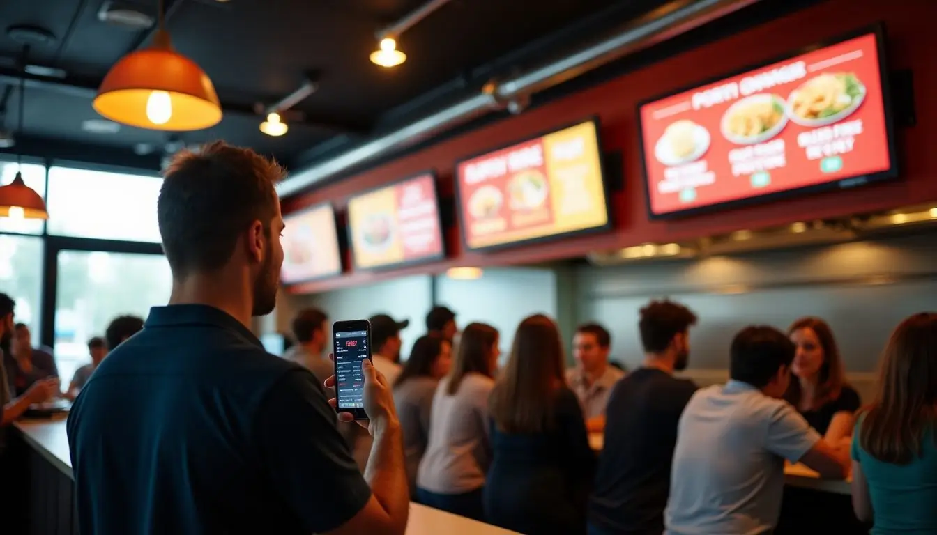 A busy restaurant with digital signs displaying personalized promotions for customers. A busy restaurant with digital signs displaying personalized promotions for customers.