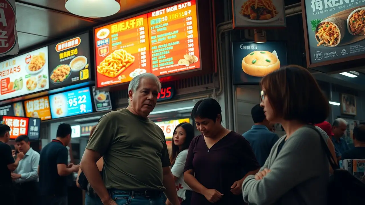 A busy urban restaurant with eye-catching digital menu signs. A busy urban restaurant with eye-catching digital menu signs.