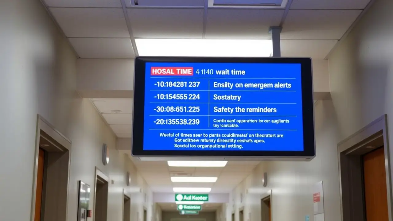 Digital signage in hospital hallway displaying wait times, alerts, and safety reminders.