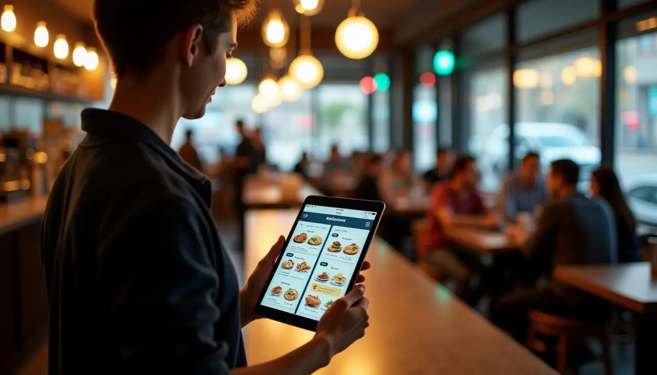 A person in their 30s using a tablet to create digital menu boards in a restaurant. A person in their 30s using a tablet to create digital menu boards in a restaurant.