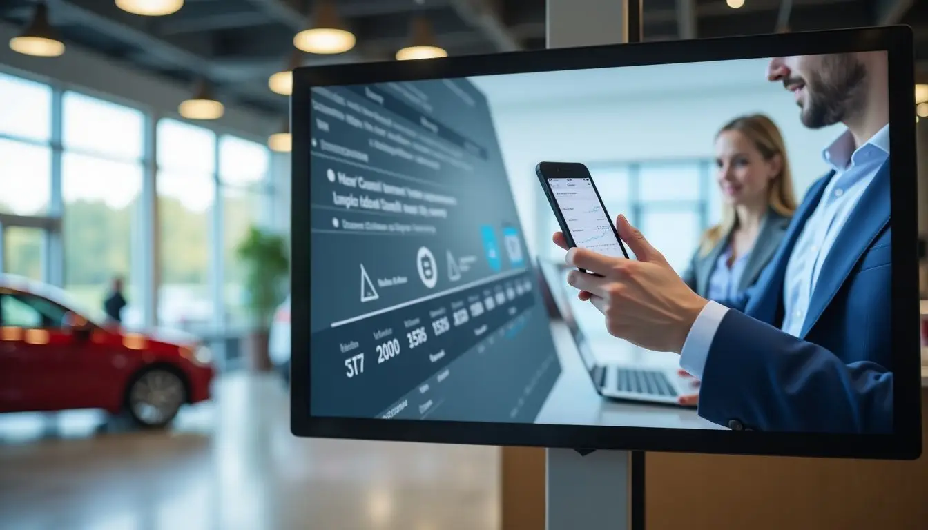 A digital signage interface in a car dealership displaying customer-focused content. A digital signage interface in a car dealership displaying customer-focused content.