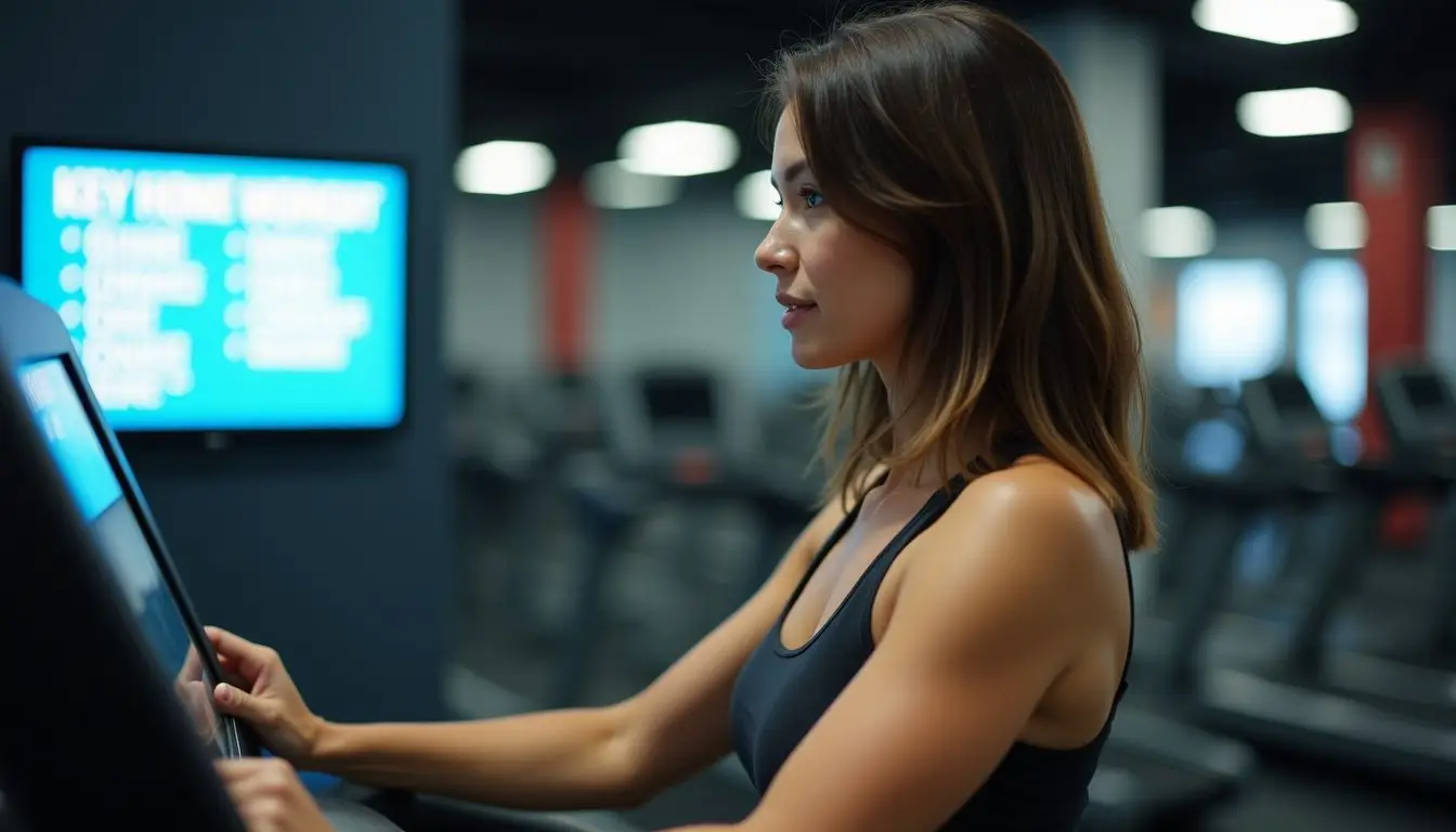 A woman in her 30s exercises on a treadmill at the gym.