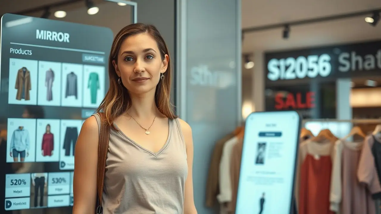 A woman using a smart mirror in a boutique to browse outfits.
