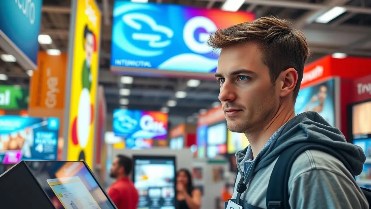 A man in a retail store using an interactive kiosk. A man in a retail store using an interactive kiosk.