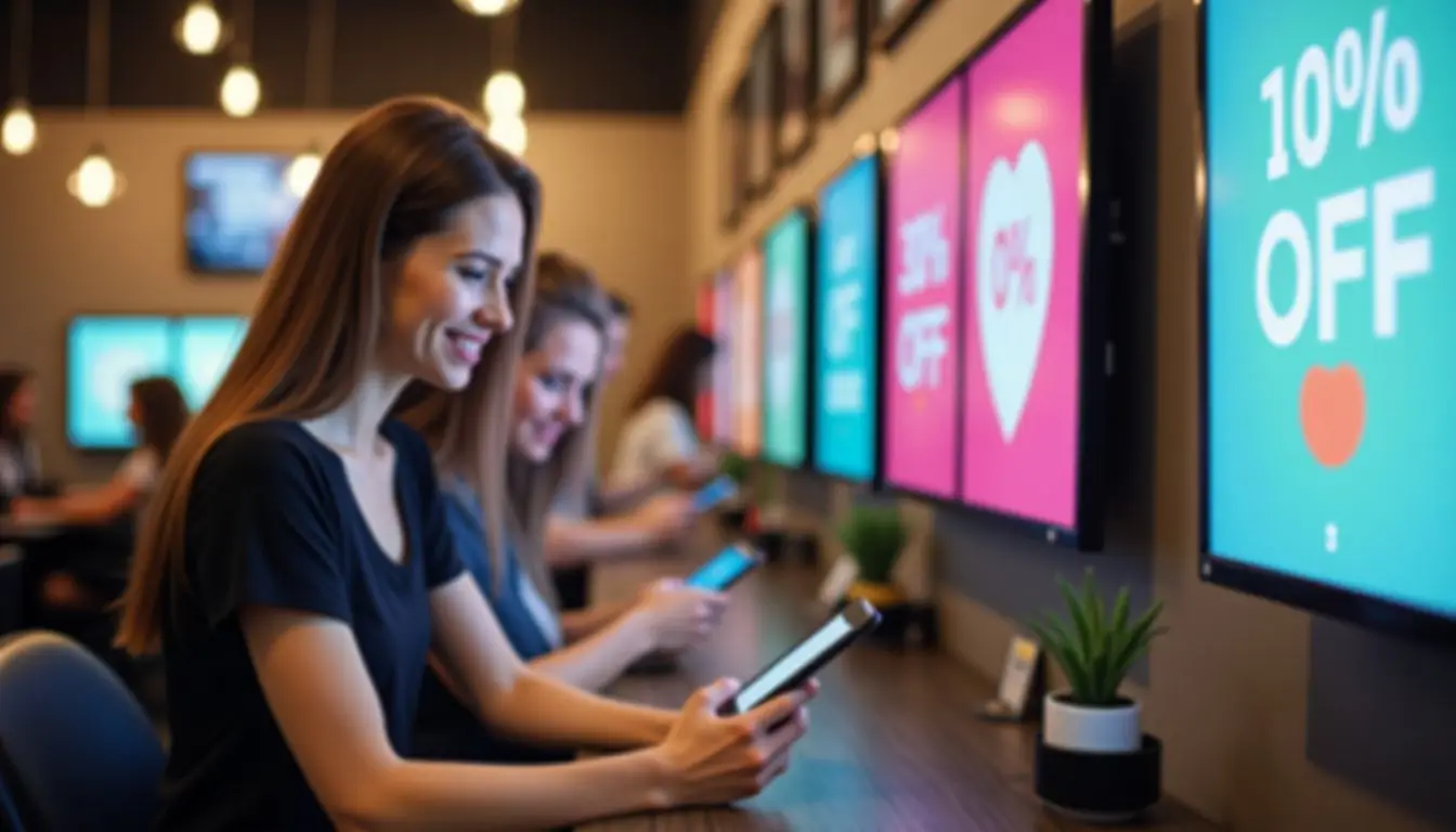 A salon with vibrant digital screens advertising services and promotions. A salon with vibrant digital screens advertising services and promotions.