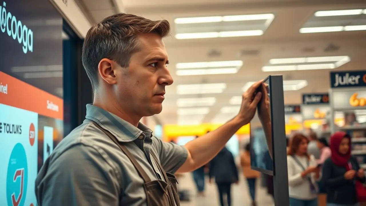 A sales associate adjusts digital signage in a busy retail store. A sales associate adjusts digital signage in a busy retail store.