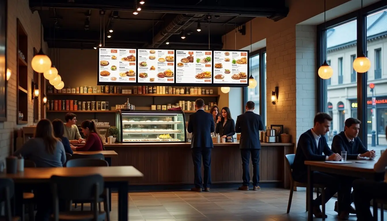 A trendy urban café with colorful menu board and lively atmosphere. A trendy urban café with colorful menu board and lively atmosphere.