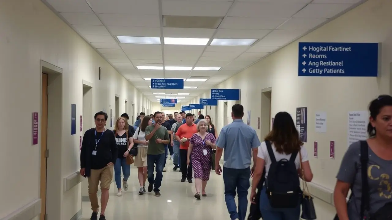 Hospital corridor with wayfinding signs and diverse group of people. Hospital corridor with wayfinding signs and diverse group of people.