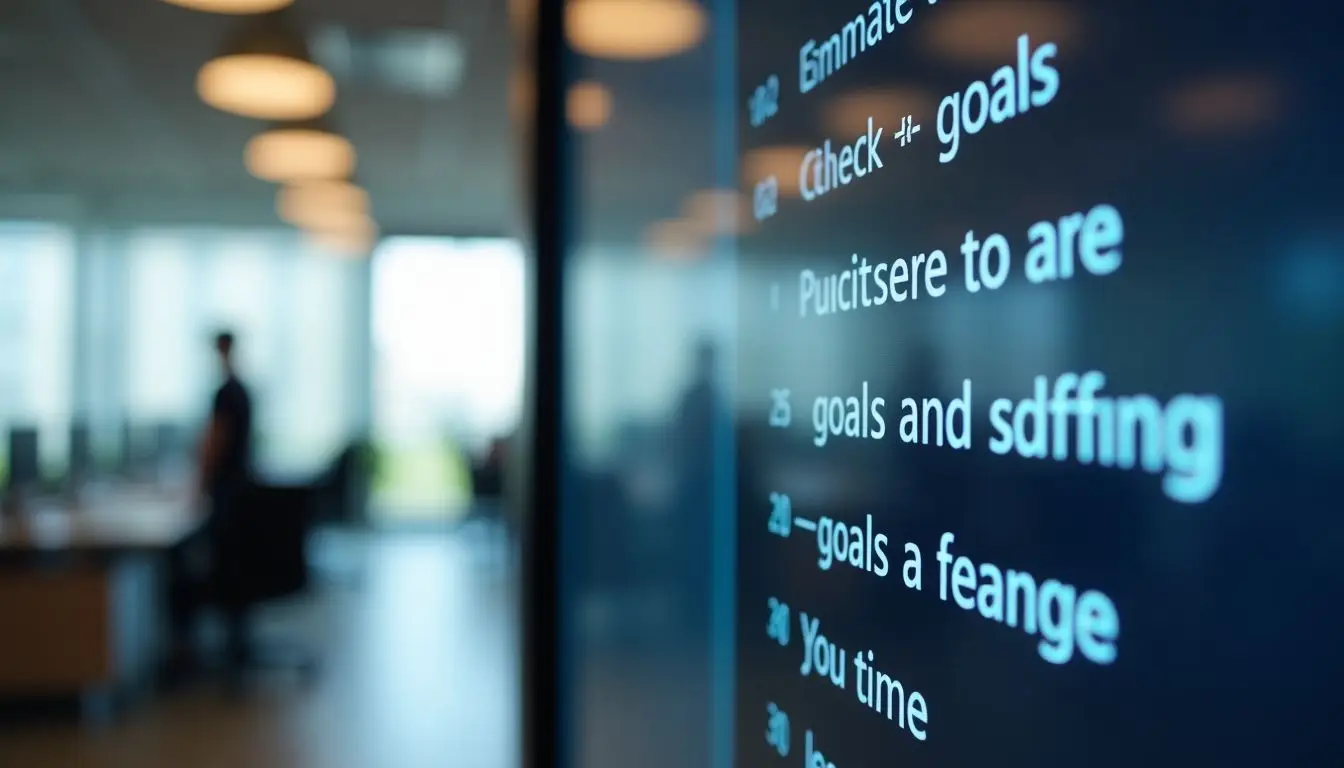A digital signage screen in a modern office showing important updates.