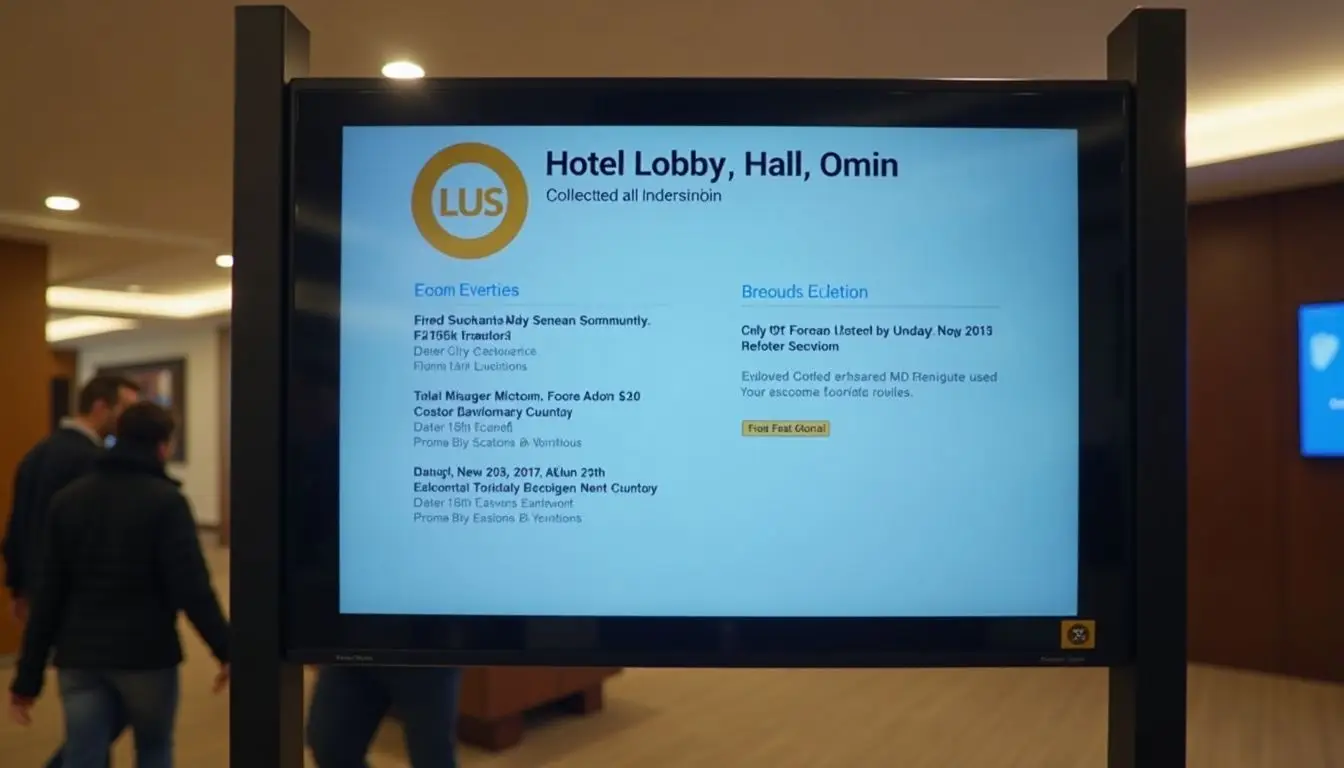 A digital sign in a hotel lobby displaying real-time updates.