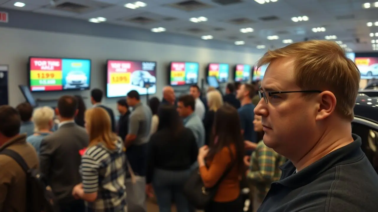 A busy car dealership showroom with diverse customers and digital displays. A busy car dealership showroom with diverse customers and digital displays.