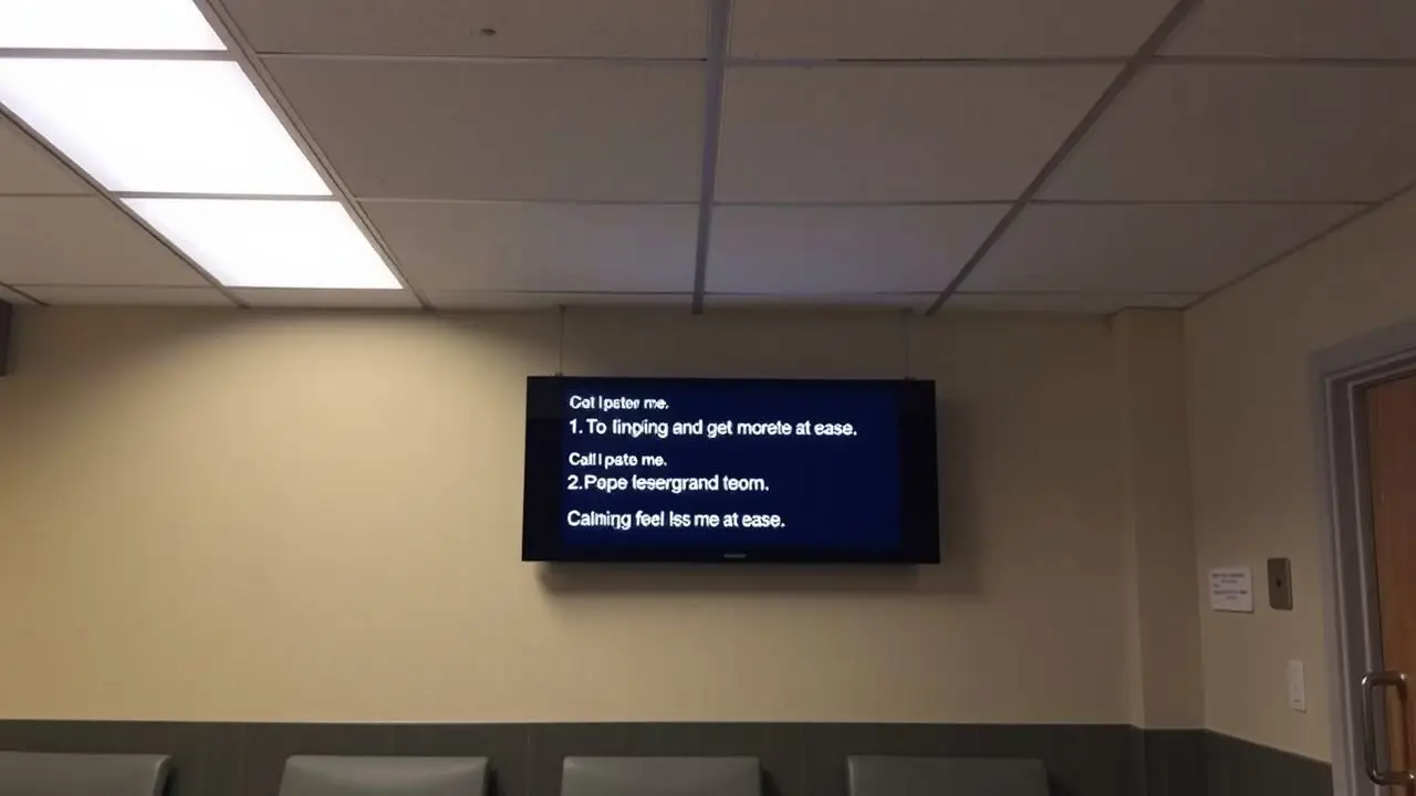 A dimly lit emergency room waiting area with calming digital sign.