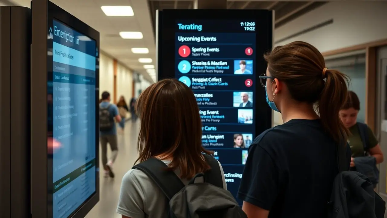 College students gathered around digital wayfinding display in campus hallway. College students gathered around digital wayfinding display in campus hallway.